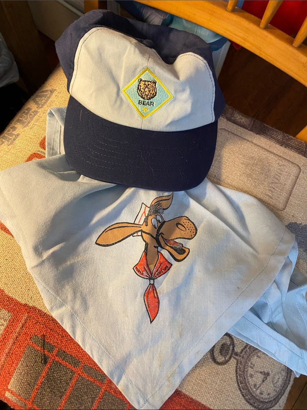 Bear Hat Cap Adjustable Twill Blue size YOUTH Boy Scouts M/L, scarf Pedro